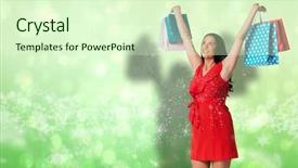  Presentation with light green - Theme consisting of woman standing with shopping bags against green abstract light spot design background and a soft green colored foreground