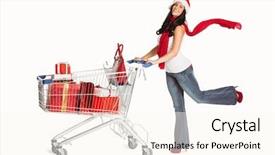  Presentation with shopping trolley - Amazing slides having woman standing with shopping trolley on white background backdrop and a cream colored foreground