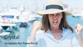  Presentation with woman - Slide deck featuring woman standing with the sea background and a  colored foreground