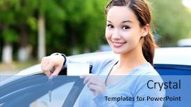  Presentation with keys - Beautiful PPT theme featuring woman stands beside a car backdrop and a light blue colored foreground