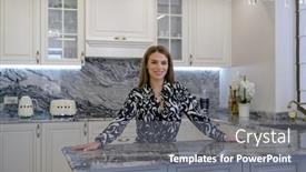  Presentation with elements - PPT layouts featuring woman-stands-in-a-kitchen background and a  colored foreground