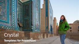  Presentation with building uzbekistan - Slides enhanced with woman-stands-near-the-ancient background and a violet colored foreground
