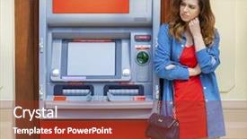  Presentation with atm machine - Slide deck enhanced with woman stands on against atm background and a tawny brown colored foreground