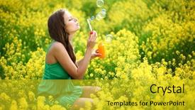  Presentation with fresh start - Audience pleasing slide set consisting of woman start soap bubbles backdrop and a gold colored foreground