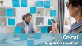  Presentation with notepaper - Theme with woman sticking blue notepapers background and a teal colored foreground