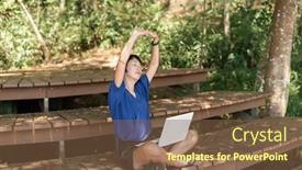  Presentation with stretch - Presentation design featuring woman stretch and feel free when using laptop in the outdoor background and a tawny brown colored foreground