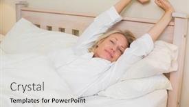  Presentation with stretching - Beautiful presentation theme featuring woman stretching in bed at home backdrop and a light gray colored foreground