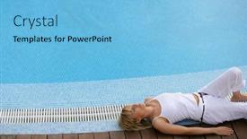  Presentation with swimming pool - Colorful slide deck enhanced with woman-stretching-out-next backdrop and a light blue colored foreground