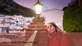  Presentation with sol - PPT theme with woman-strolling-in-picturesque-village background and a tawny brown colored foreground