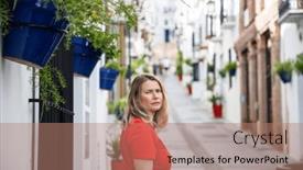  Presentation with sol - PPT theme having woman-strolling-in-picturesque-village background and a coral colored foreground