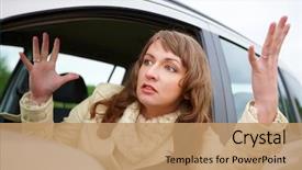  Presentation with stuck - PPT theme consisting of woman stuck in a traffic background and a coral colored foreground