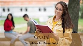  Presentation with book - Presentation design having woman-student-holding-a-book background and a gold colored foreground