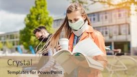  Presentation with college campus - Audience pleasing theme consisting of woman-student-on-college-campus backdrop and a coral colored foreground