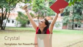  Presentation with happiness - Amazing slide set having woman-student-raising-her-hand backdrop and a soft green colored foreground