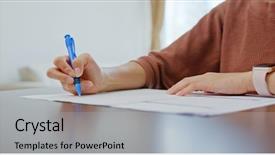  Presentation with study - Slide set enhanced with woman study at home background and a light gray colored foreground