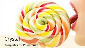  Presentation with sweet candy - Theme with woman sucking cute sweet candy closeup lips tongue isolated on white background background and a yellow colored foreground