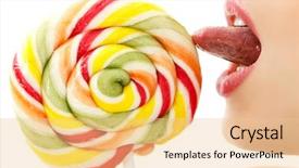  Presentation with sweet candy - Beautiful PPT layouts featuring woman sucking cute sweet candy closeup lips tongue isolated on white background backdrop and a lemonade colored foreground