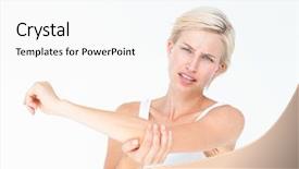  Presentation with pain - Cool new slide deck with woman suffering from elbow pain backdrop and a white colored foreground