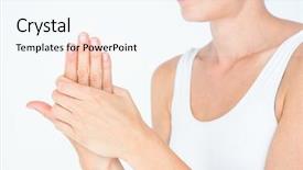  Presentation with hand wrist pain - Colorful presentation theme enhanced with woman suffering from hand pain backdrop and a cool aqua colored foreground