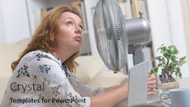  Presentation with heat - Colorful presentation theme enhanced with woman suffers from heat while working in the office and tries to cool off by the fan backdrop and a coral colored foreground