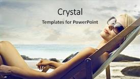  Presentation with beautiful skin and beach - Colorful PPT theme enhanced with asian girl eating pork steak with vegetables on white disk backdrop and a coral colored foreground