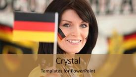  Presentation with supporting - Beautiful presentation featuring woman supporting the german football backdrop and a gold colored foreground