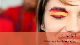  Presentation with supporting - Amazing slide set having woman supporting the spanish football team backdrop and a red colored foreground