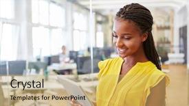  Presentation with social work - Colorful slide deck enhanced with woman surfing in social media backdrop and a  colored foreground