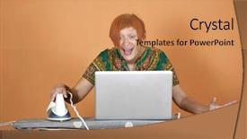  Presentation with internet surfing - Slide deck enhanced with woman surfing the internet on her laptop and iron with delight background and a coral colored foreground