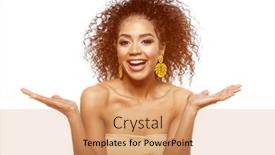  Presentation with beauty product - Colorful slide deck enhanced with woman-surprise-showing-presenting-product backdrop and a coral colored foreground