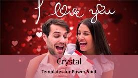  Presentation with valentines - Presentation having woman surprising boyfriend with gift against valentines heart design background and a coral colored foreground