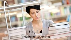  Presentation with piles - Colorful presentation theme enhanced with woman surrounded with piles of books reads sitting at the desk at the library information concept backdrop and a soft green colored foreground