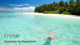  Presentation with blue crystal - Beautiful PPT theme featuring woman swim and relax in the sea happy island lifestyle white sand crystal-blue sea of tropical beach vacation at paradise ocean beach relax travel to maldives islands backdrop and a mint green colored foreground