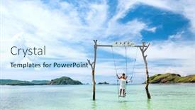  Presentation with paradise island - Beautiful slide set featuring woman swinging at tropical beach sunny day good weather swinging in paradise island backdrop and a sky blue colored foreground