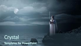  Presentation with sword - Amazing presentation theme having cloudscape ethereal - young elven girl with sword backdrop and a ocean colored foreground