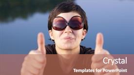  Presentation with funny - Amazing PPT theme having woman symbol - young brunette girl with big backdrop and a  colored foreground