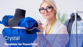  Presentation with designs - Slide set consisting of woman tailor working on new dress designs background and a cobalt blue colored foreground