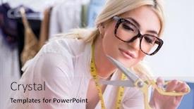  Presentation with designs - Slide set enhanced with woman tailor working on new dress designs background and a soft green colored foreground