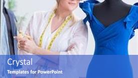  Presentation with designs - Slide set enhanced with woman tailor working on new dress designs background and a cobalt blue colored foreground