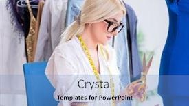  Presentation with designs - Cool new slide deck with woman tailor working on new dress designs backdrop and a teal colored foreground