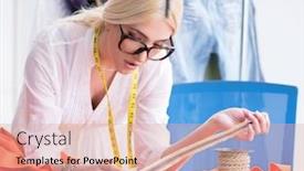  Presentation with designs - Presentation design consisting of woman tailor working on new dress designs background and a coral colored foreground