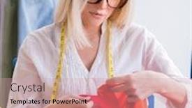  Presentation with designs - Theme having woman-tailor-working-on-new background and a coral colored foreground