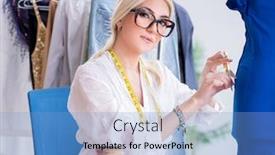  Presentation with designs - Colorful presentation design enhanced with woman-tailor-working-on-new backdrop and a light blue colored foreground