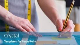  Presentation with sewing - Presentation design featuring woman tailor working on a clothing sewing stitching measuring fa background and a ocean colored foreground