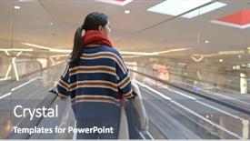  Presentation with retail shopping center - PPT theme having woman take escalator in shopping background and a gray colored foreground