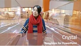  Presentation with mall - Colorful slide set enhanced with woman take escalator in shopping backdrop and a coral colored foreground