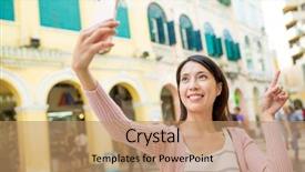  Presentation with macau - Audience pleasing theme consisting of woman take photo by cellphone in macau backdrop and a coral colored foreground