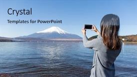  Presentation with mount fuji - PPT layouts enhanced with woman take photo by mobile phone of mount fuji background and a light blue colored foreground