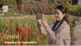  Presentation with flower woman - Colorful presentation theme enhanced with woman-take-photo-on-cellphone backdrop and a  colored foreground