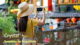  Presentation with take - Slide deck with woman-take-photo-on-cellphone background and a tawny brown colored foreground